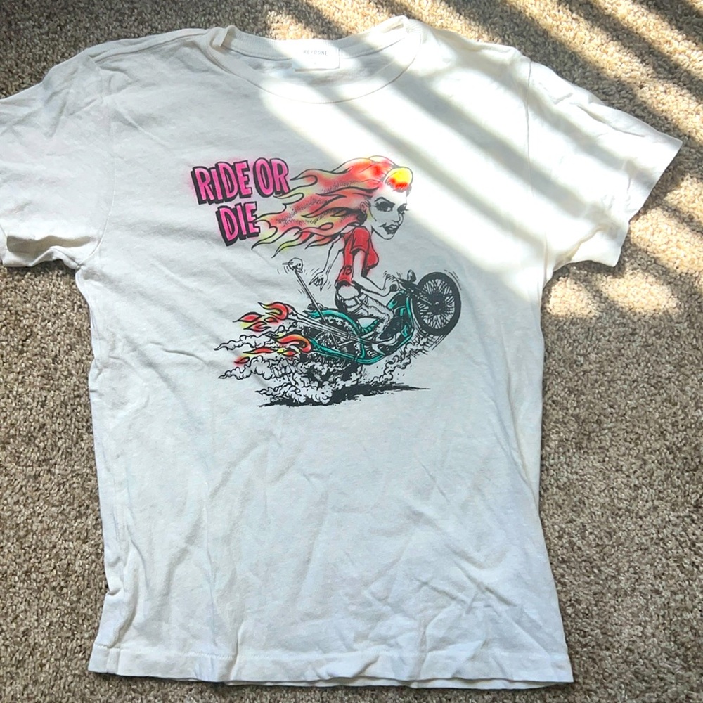 RE/DONE “RIDE OR DIE” BIKER TEE LIKE BRAND NEW X-SMALL WHITE/MULTI